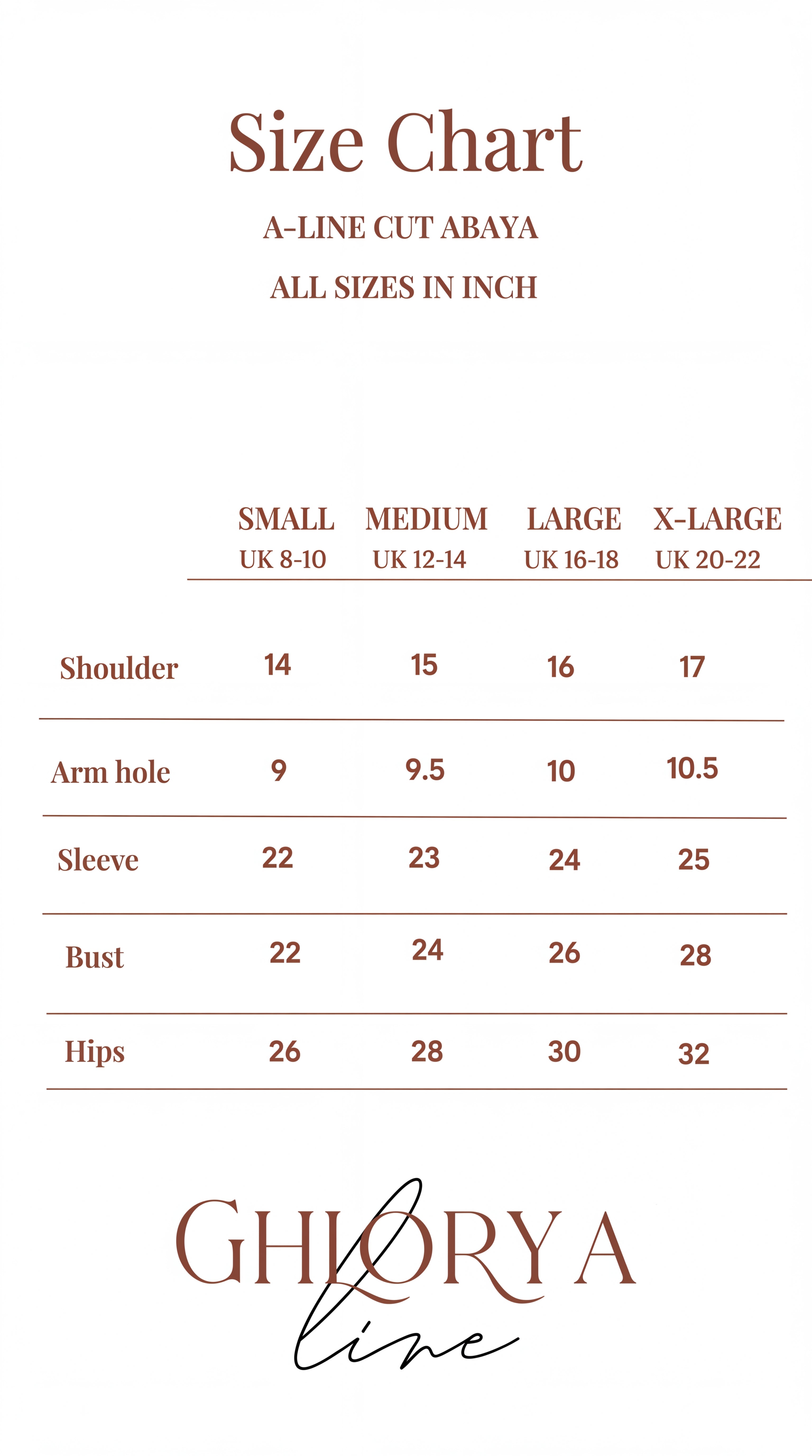 Ghloryaline Size Guide