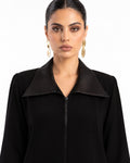 Ameena+ black abaya with wide satin collar and signature front zip