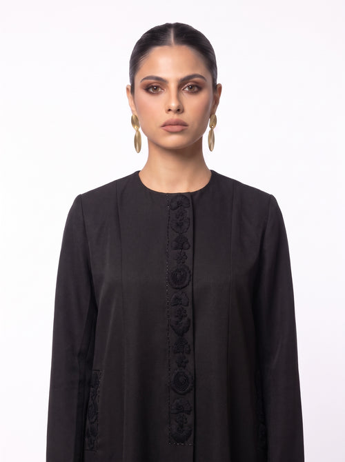 ASAYEL black abaya with tonal floral embroidery and embroidered side pockets