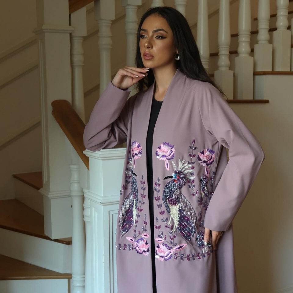 Mauve Ghlorya abaya with floral and bird embroidery