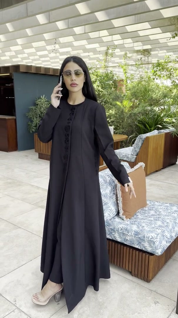 Safa black abaya with tonal embroidery, full-length view