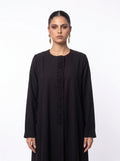 Safa black abaya with tonal floral embroidery, front view